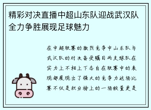 精彩对决直播中超山东队迎战武汉队全力争胜展现足球魅力